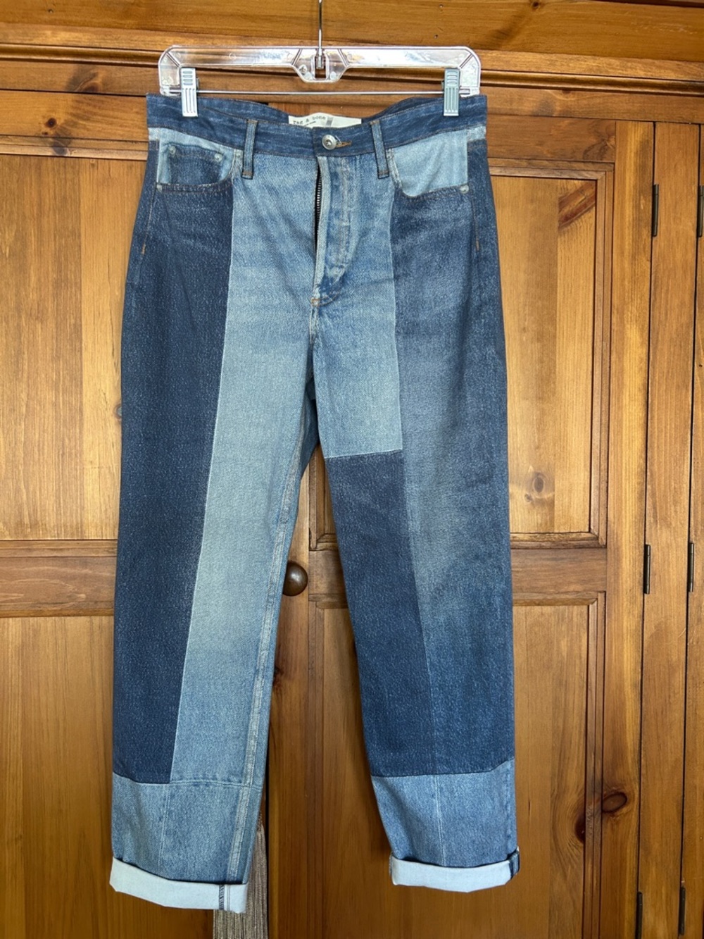 rag & bone Two-Tone Blue Patchwork Straight Leg Jeans. Stretch and light weight